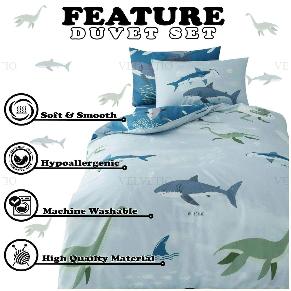 image 1 of VELVETIO Sea Dino Shark Duvet Cover Set Single Blue Soft Polycotton Reversible Kids Beddings Blue | Single