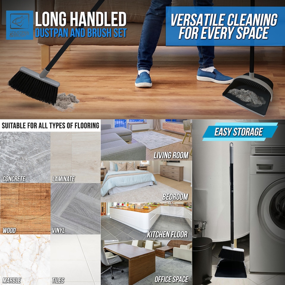 image 1 of Long Handled Dustpan and Brush Set Upright Sweeping Broom with Built-In Bristle Cleaner
