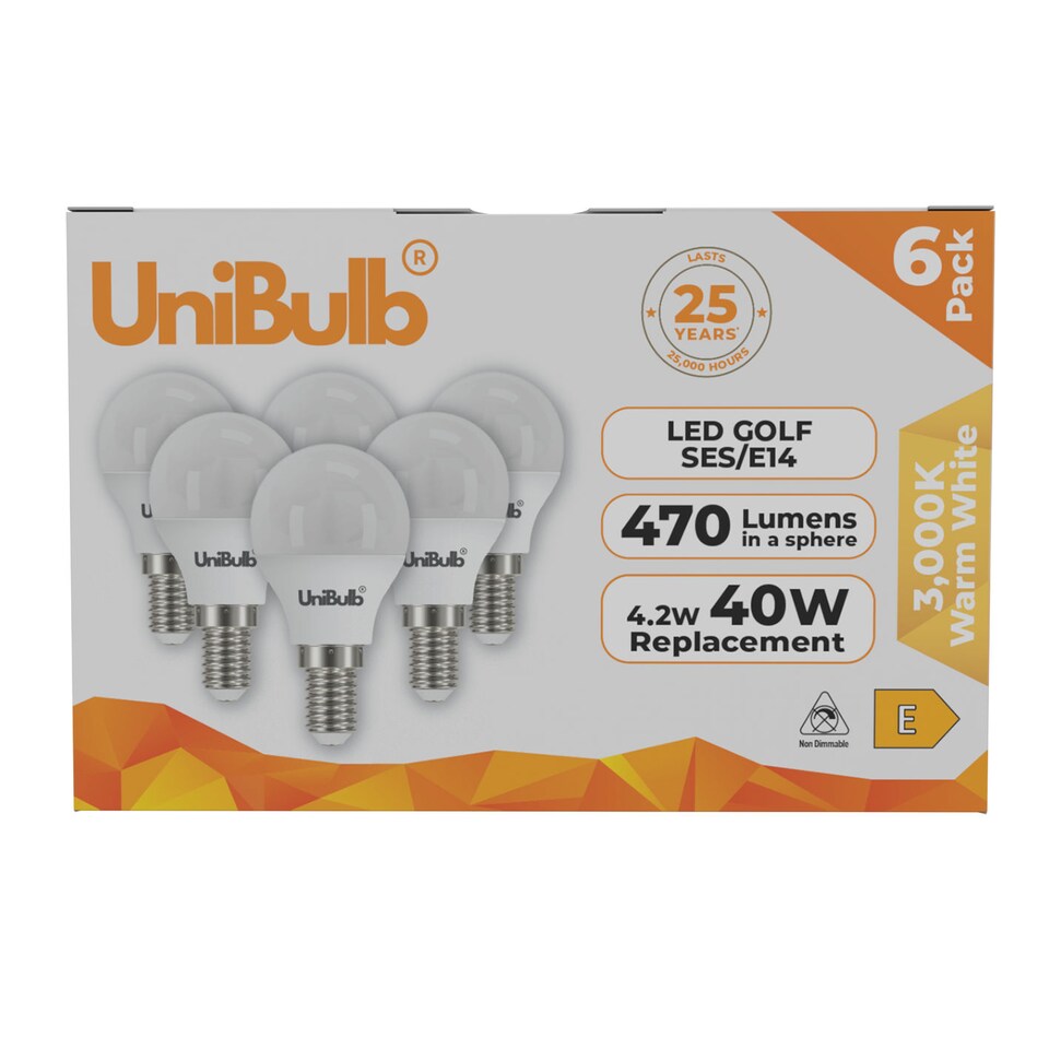 image 1 of UniBulb LED Golf Ball E14 470lm 4.2W 3000K (Warm White) Light Bulb - Pack of 6 | White | Warm White | 6