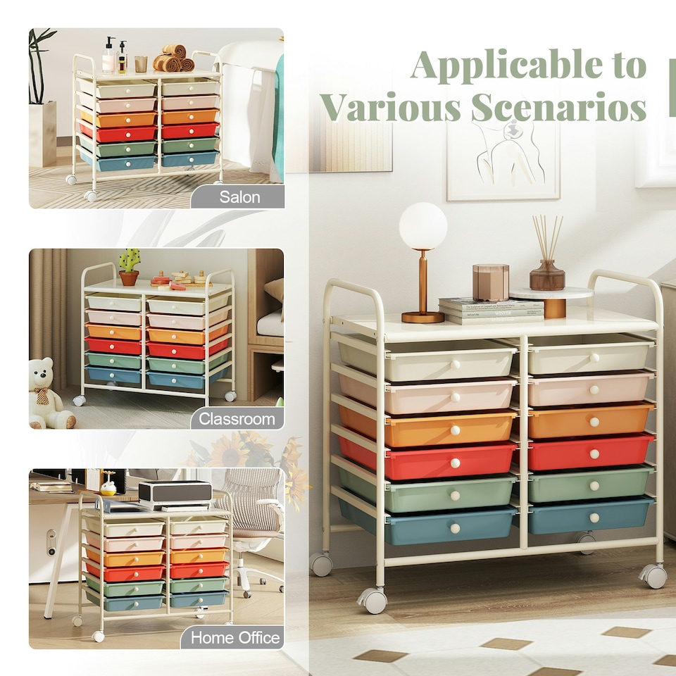 image 1 of COSTWAY 12 Drawers Utility Cart Storage Rolling Macaron