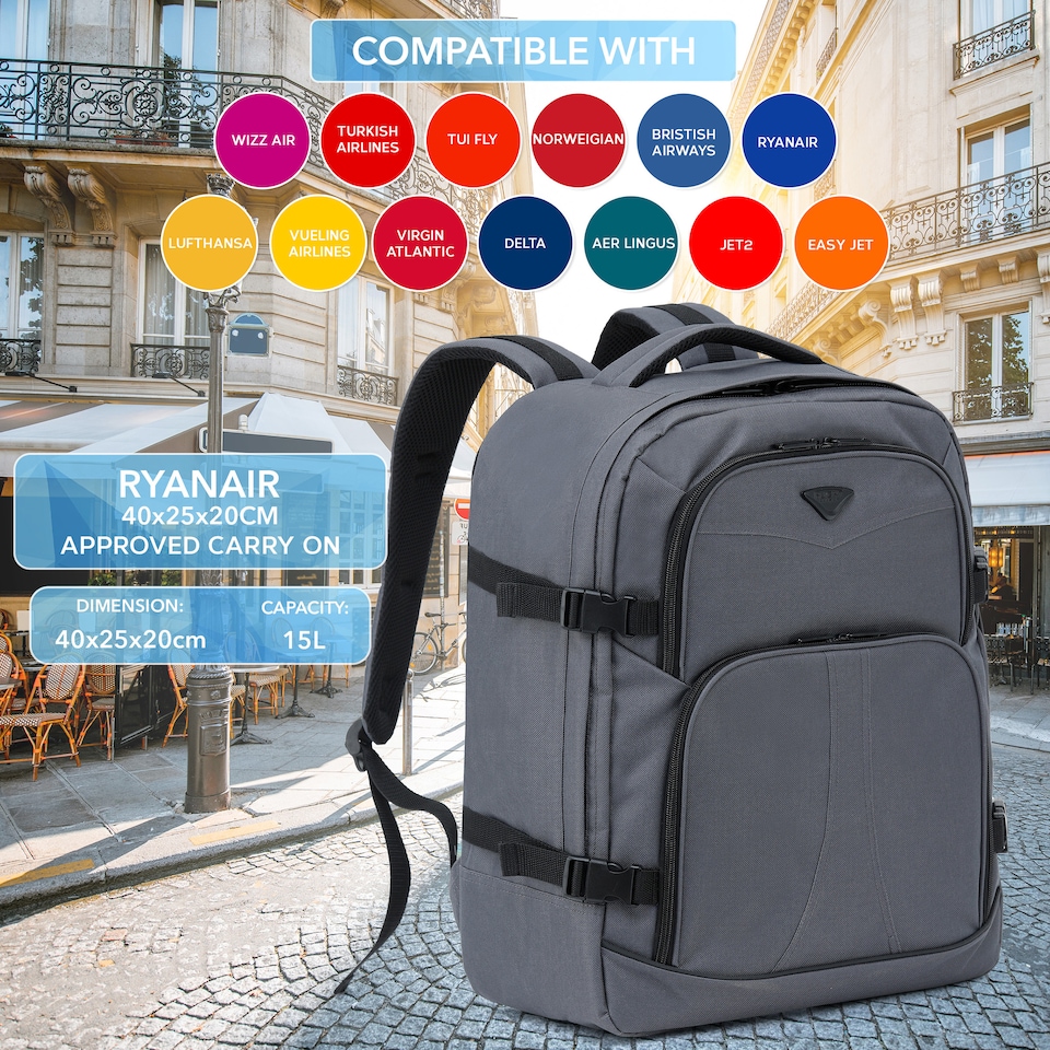 image 1 of Flight Knight Underseat Backpack 40x20x25cm Ryanair Free Carry On for Travelling USB Port Padded Comfortable Backpack - Carry On Luggage | Grey | 1