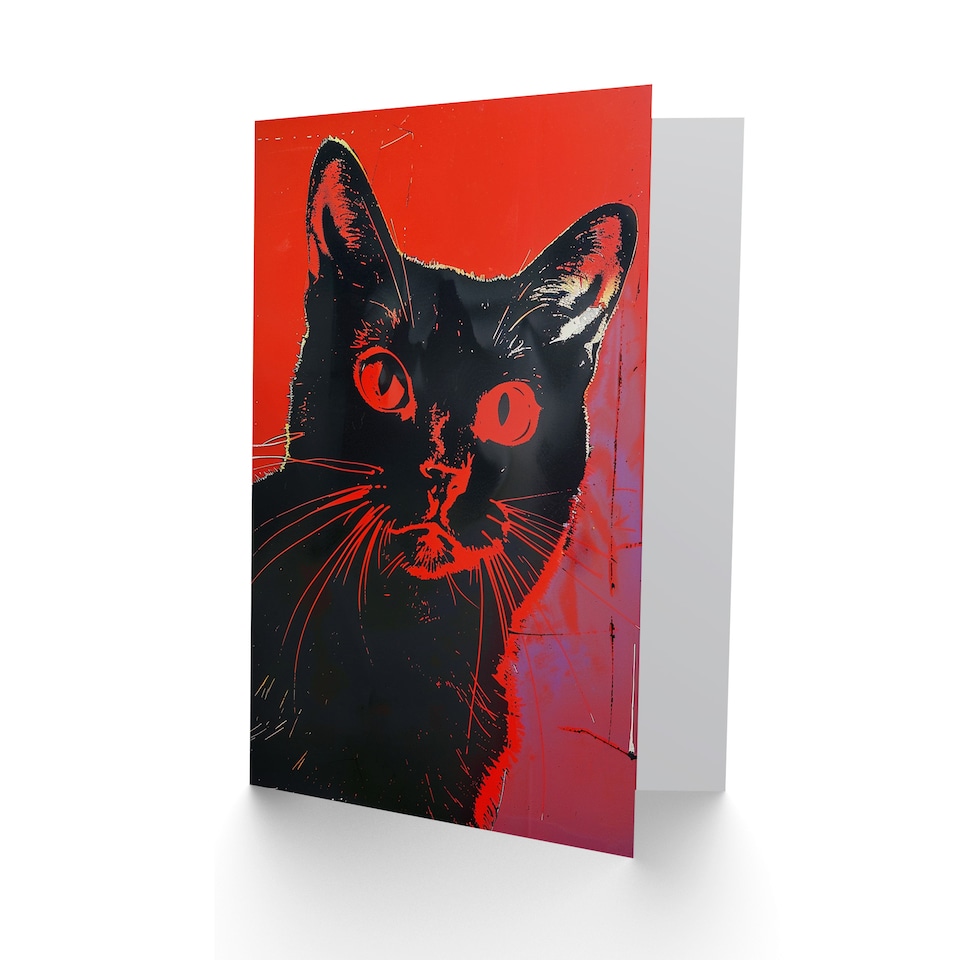 image 1 of Cat Lover Vibrant Red Black Retro Horror Portrait Halloween Card