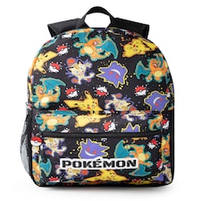 Pokemon Pikachu Charizard Gengar Meowth Backpack in Black - Kids Character All Over Print Bag - Adjustable Shoulder Straps, Front Pocket & Mesh Holder | Black | Black
