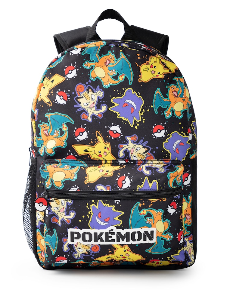 image 1 of Pokemon Pikachu Charizard Gengar Meowth Backpack in Black - Kids Character All Over Print Bag - Adjustable Shoulder Straps, Front Pocket & Mesh Holder | Black | Black