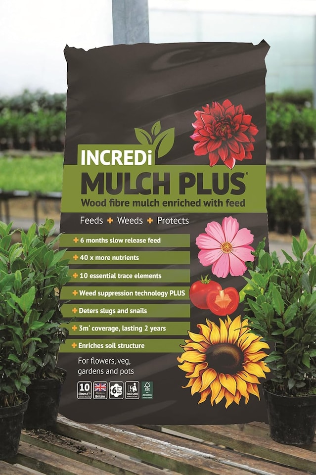 Incredimulch Plus Premium Wood Fibre Garden Mulch Slow-Release Fertiliser, Weed Suppression, 6-Month Nutrient Feed, FSC Certified Mulch 20 Litre | Brown