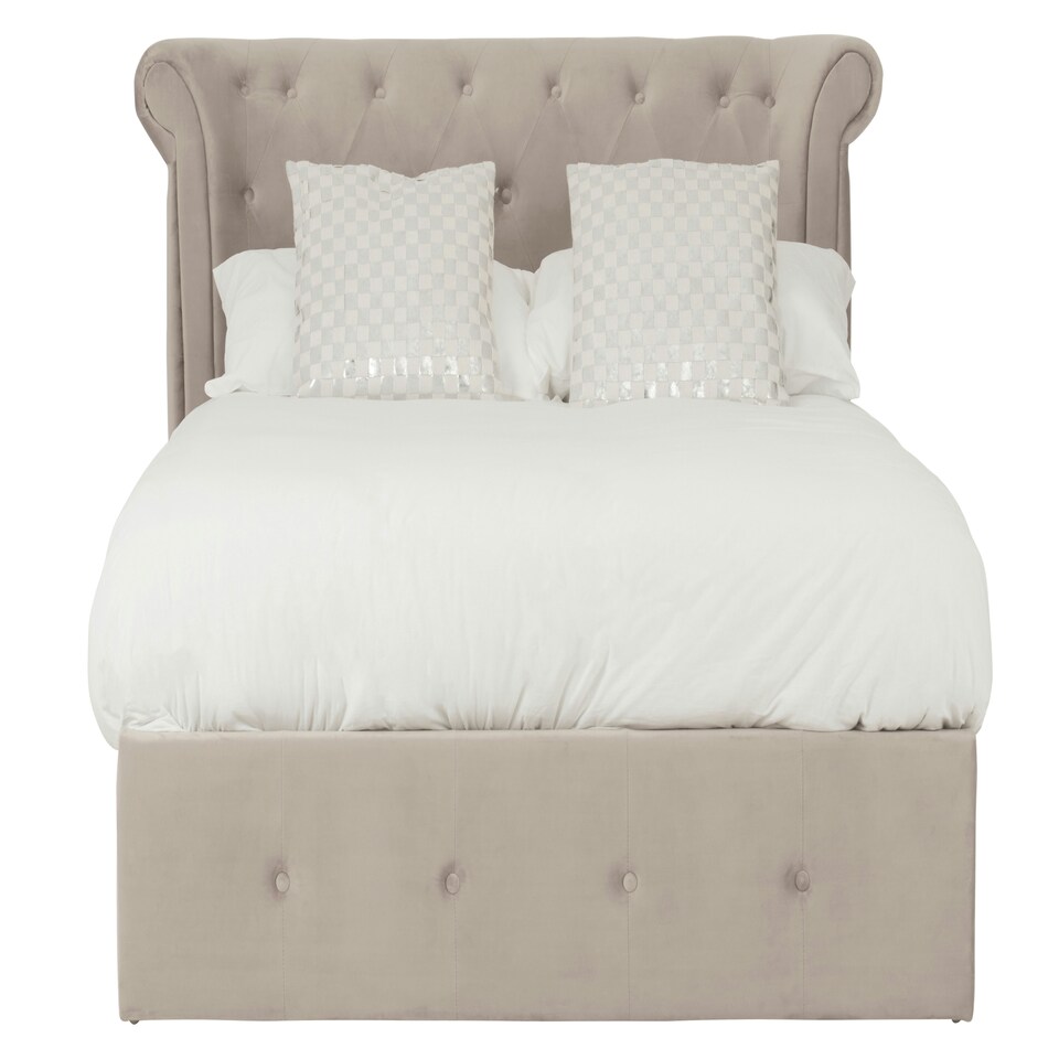image 1 of Interiors By Premier Contemporary Mink Double Ottoman Bed, Elegant Winged Headboard Bedroom Bed, Ottoman Stud Detailed Bed