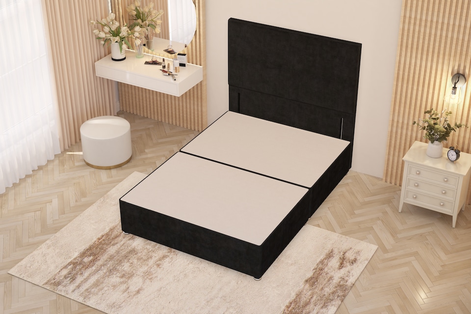 image 1 of Divan Bed Base with Plain Floor Standing Headboard Plush Velvet | Black | Black