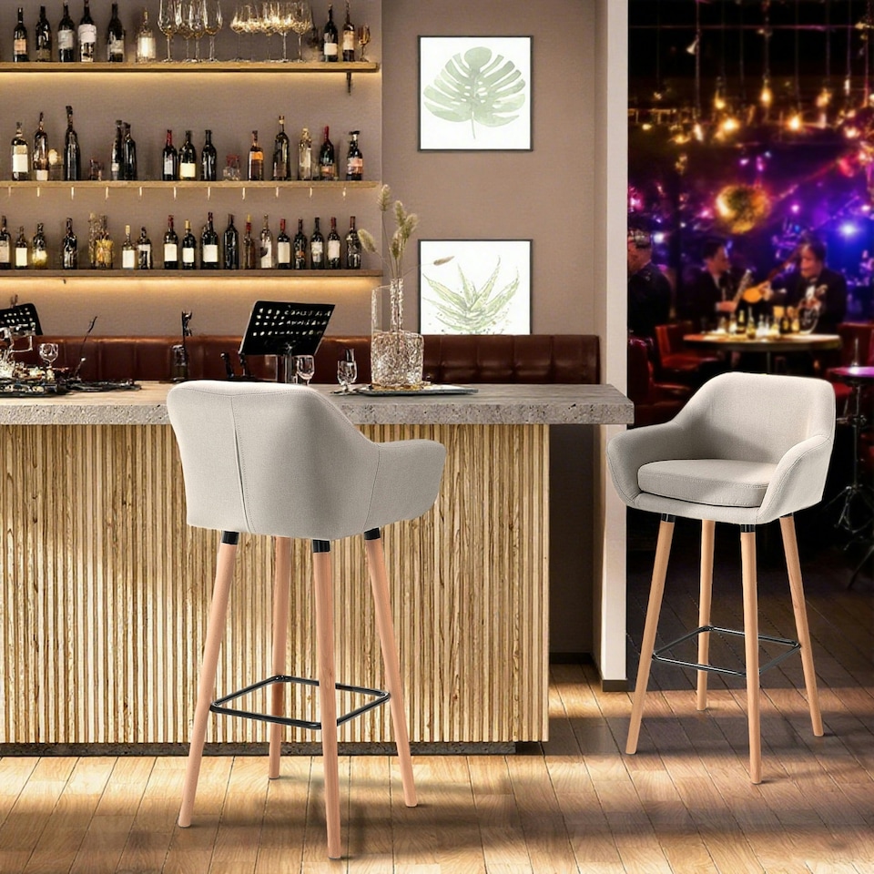 image 1 of HOMCOM 2 PCs Upholstered Bucket Seat Bar Stools w/ Solid Wood Legs Beige