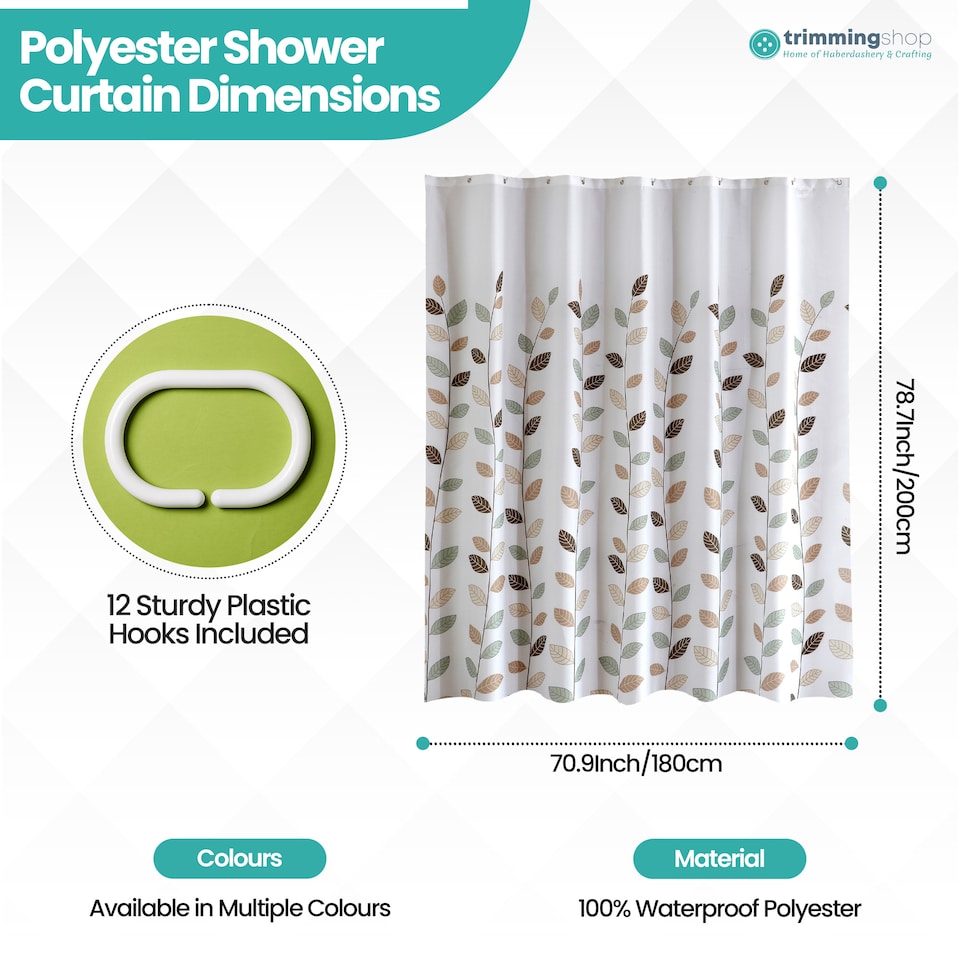 image 1 of Leaves Design Waterproof Shower Curtain with 12 Hooks - 180x200cm
