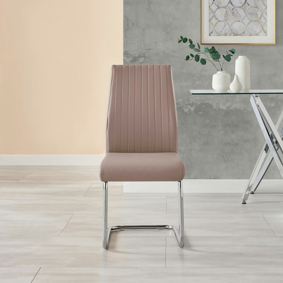 image 1 of Furniturebox 2x Lorenzo Cappuccino Beige Faux Leather Chrome Dining Chairs