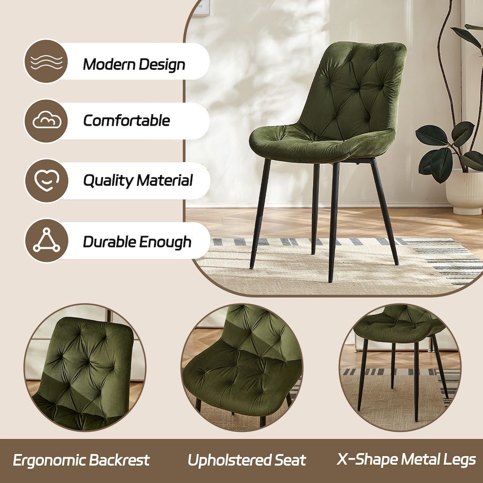 image 1 of SONARA Modern Set of 2 Velvet Dining Chairs with Ergonomic Upholstered Seat | Green