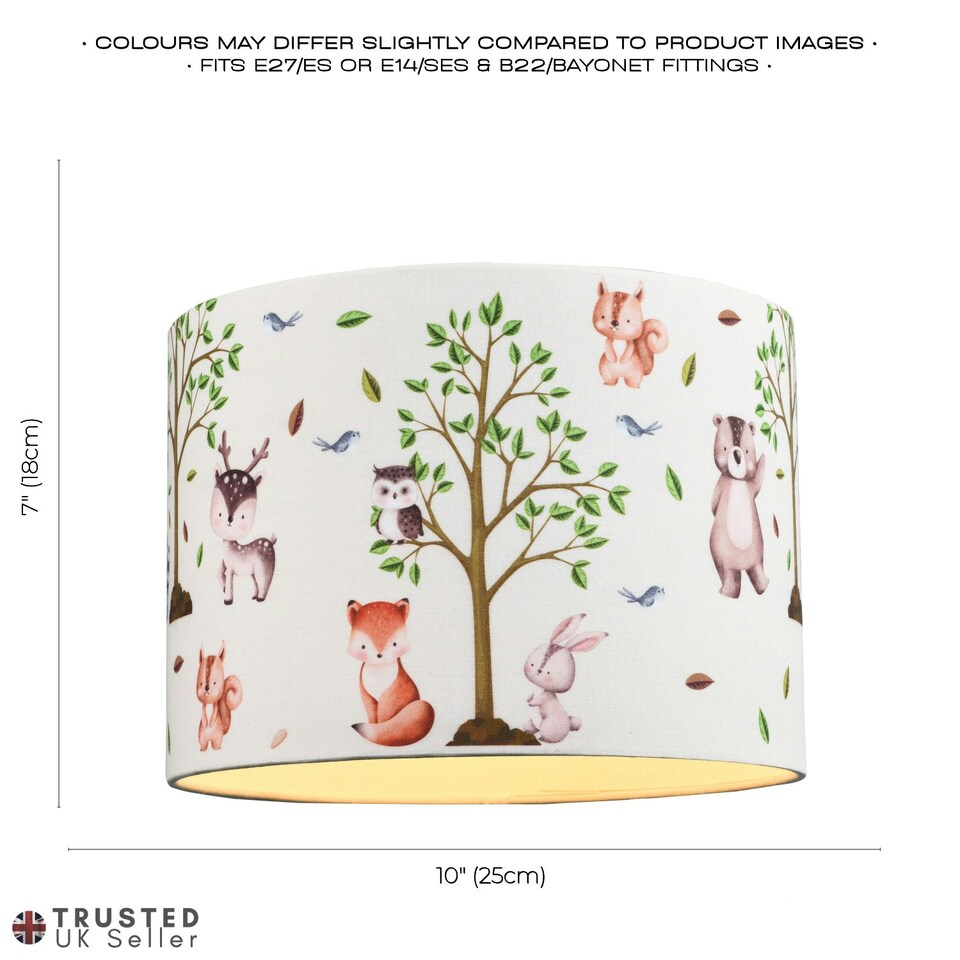 image 1 of Cute Woodland Animals Round Lamp Shade in Cotton Fabric - Foxes Owls Rabbits