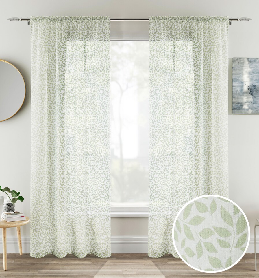 image 1 of Pair of Willow Green Leaf Print on Linen Look Panels, with Rod Pocket Header 137 CM