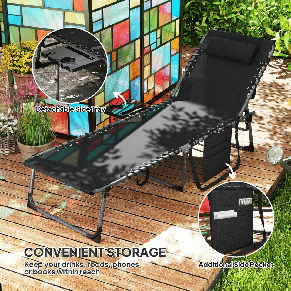 image 1 of Outsunny Folding Sun Lounger with 5-Level Reclining Back, Side Table