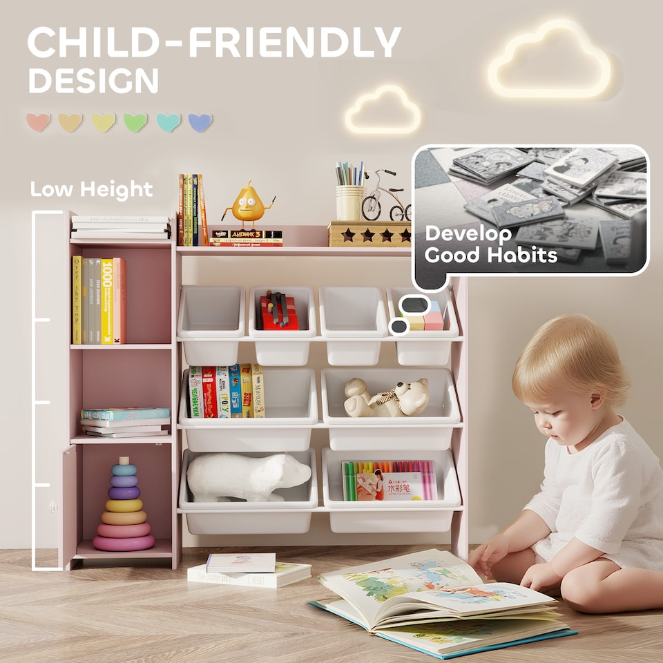 image 1 of AIYAPLAY Toy Storage Unit, with 8 Removable Bins, Storage Shelves, Cabinet, Toy Organiser, for Playroom, Kids Room, Nursery, Pink