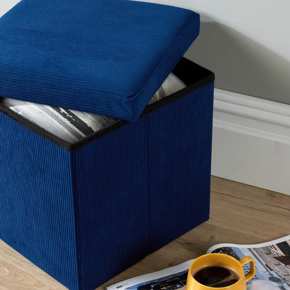 image 1 of Ottoman Storage Chest Folding Corduroy Fabric Solid Storage Box | Blue | Blue