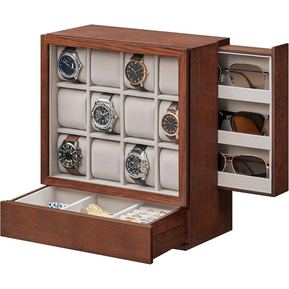 image 1 of Wooden Watch Box with 12 Slots, Glass Display Lid, Vertical Watch Storage Case, Coffee Brown