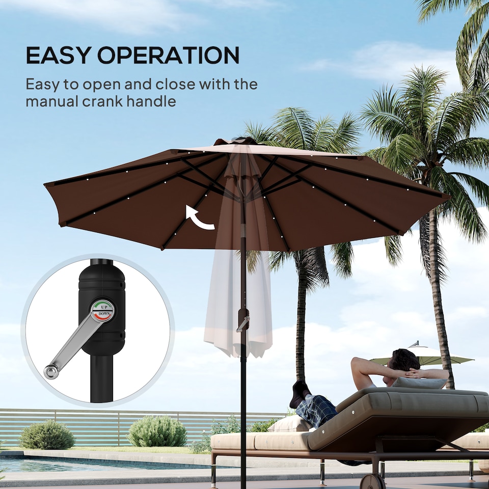 image 1 of Outsunny 2.7m Garden 24 LED Light Parasol Solar Outdoor Tilt Sun Umbrella Patio Club Party Event Manual Sun Shade w Hand Crank and 8 Ribs, Brown