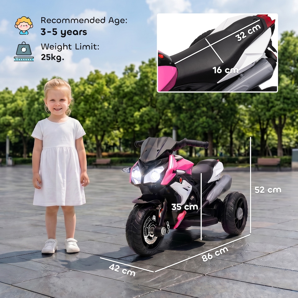image 1 of HOMCOM Kids Electric Motorcycle with 3 Wheels, Headlight, Music, Horn, Pink