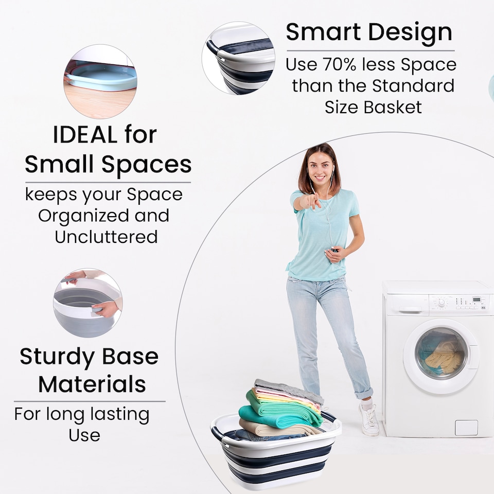 image 1 of 40L Oval Collapsible Laundry Basket, Foldable Plastic Laundry Hamper