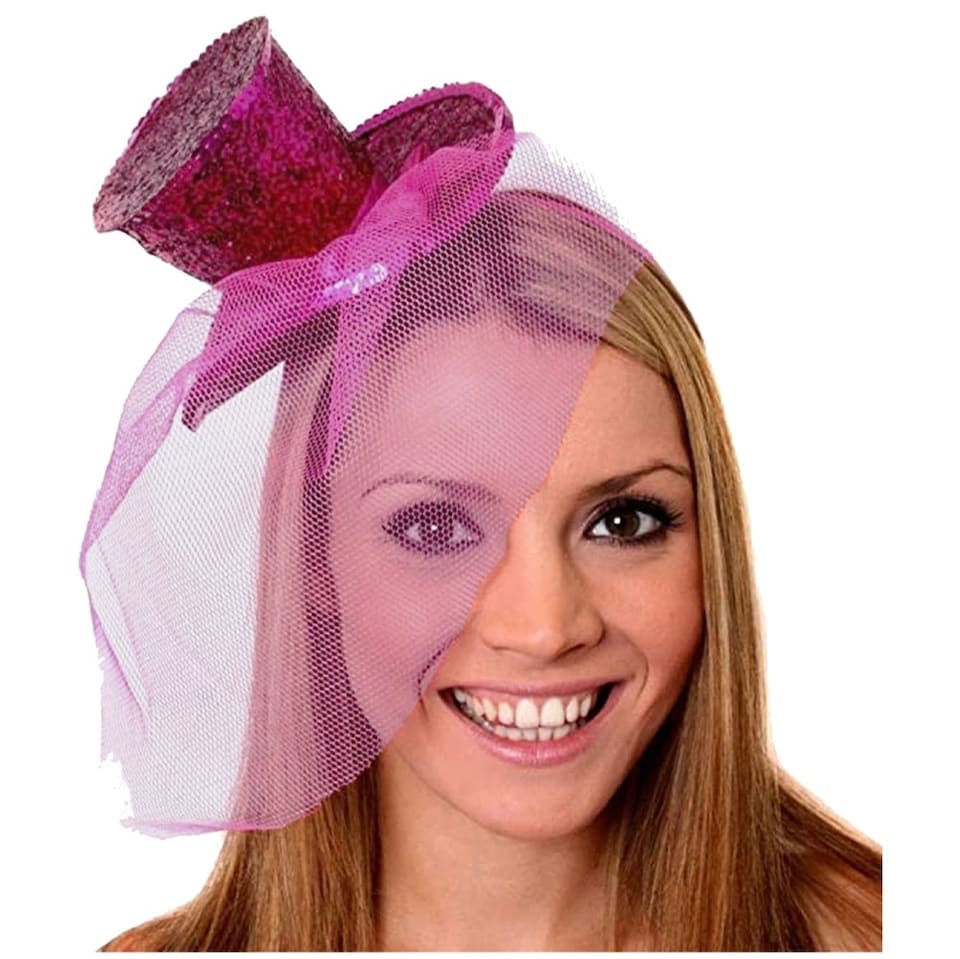 image 1 of Mini Pink Glitter Fascinator Top Hat | Pink | 12