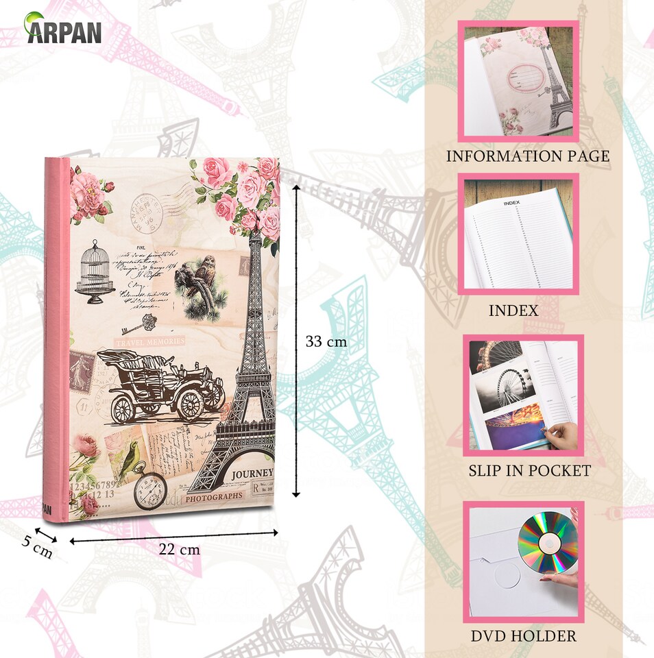 image 1 of ARPAN Large Slip In Memo Photo Album for 300 Photos 6x4" (10x15cm) – Bookbound Picture Album with Memo Writing Space, Index Pages & CD/DVD Pocket for Family, Wedding & Travel Memories