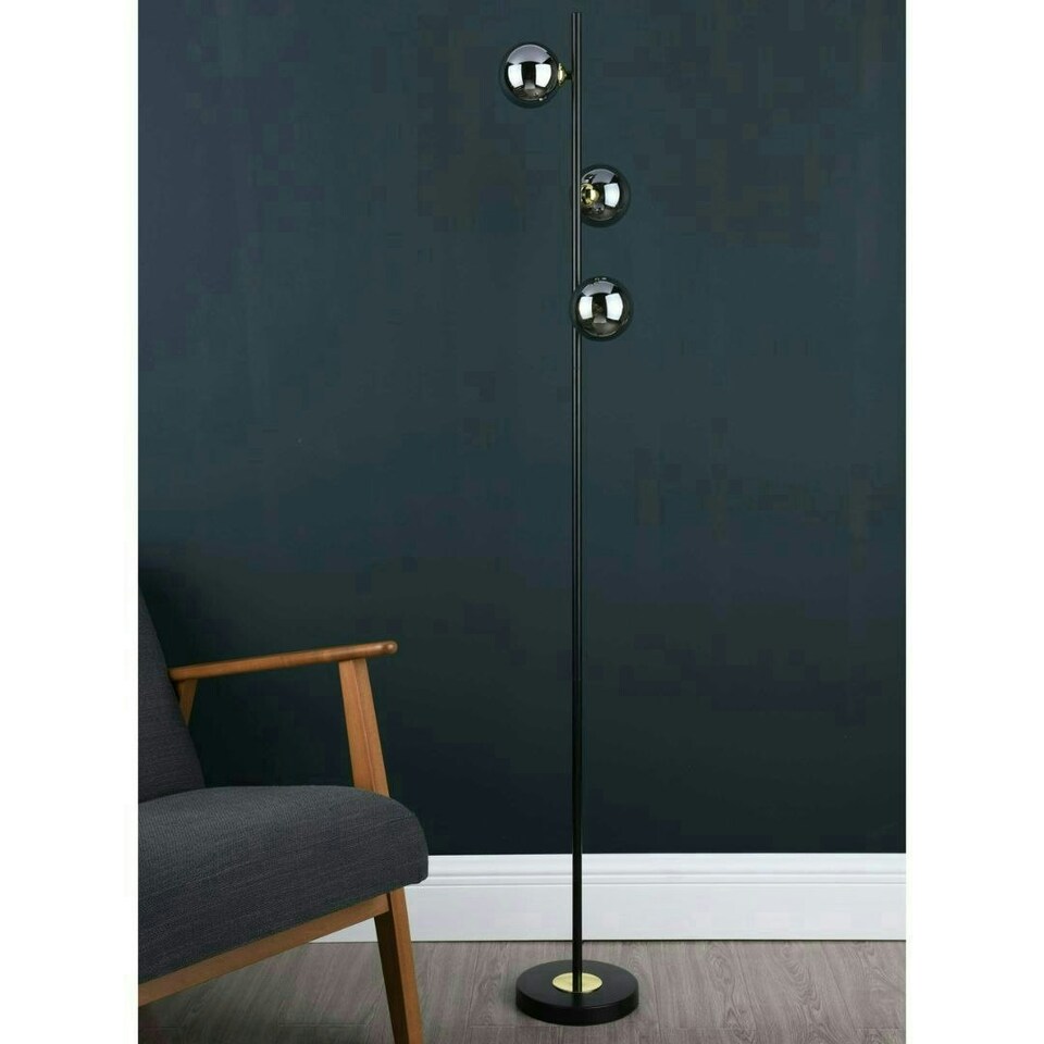 image 1 of Eaen 3 Light Black and Gold Floor Lamp with Smoked Glass