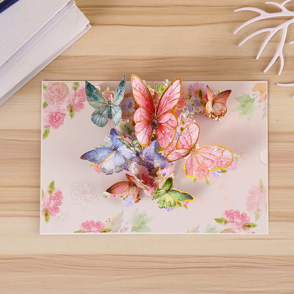 image 1 of Peach Butterfly and Flowers 3D Pop Up Greeting Card