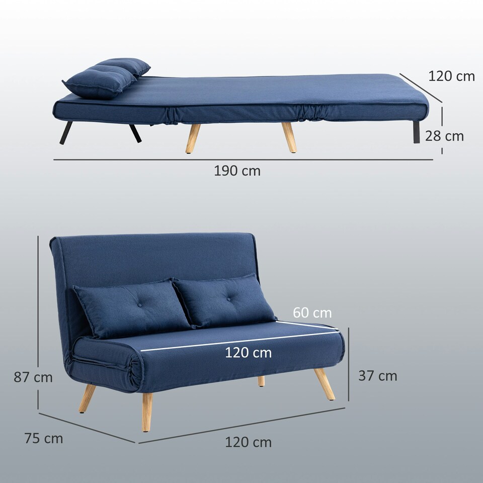 image 1 of HOMCOM Click Clack Sofa Bed, 2 Seater Bed Settee for Living Room, Dark Blue