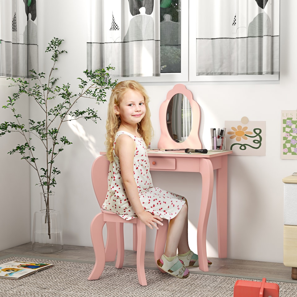 image 1 of ZONEKIZ Kids Dressing Table with Mirror and Stool, Girls Vanity Table Makeup Desk with Drawer, Cute Animal Design, for Ages 3-6 Years, Pink