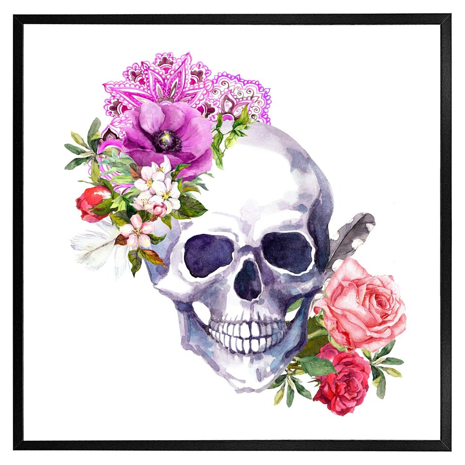 image 1 of Human skull with flowers (Picutre Frame) Black | XL