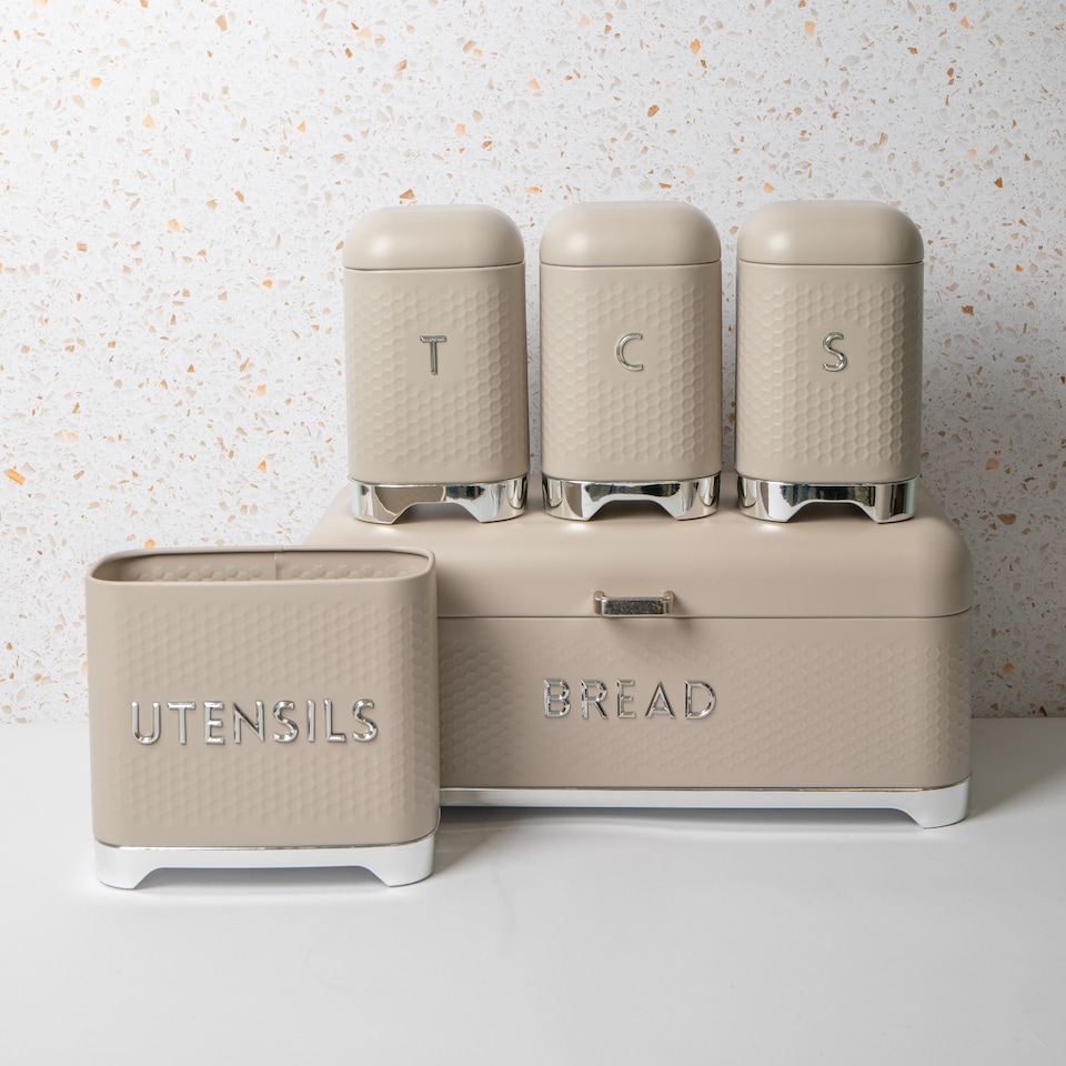image 1 of 5pc Gift-Boxed Iced Latte Storage Set with Tea, Coffee & Sugar Canisters, Utensil Store and Bread Bin - Lovello