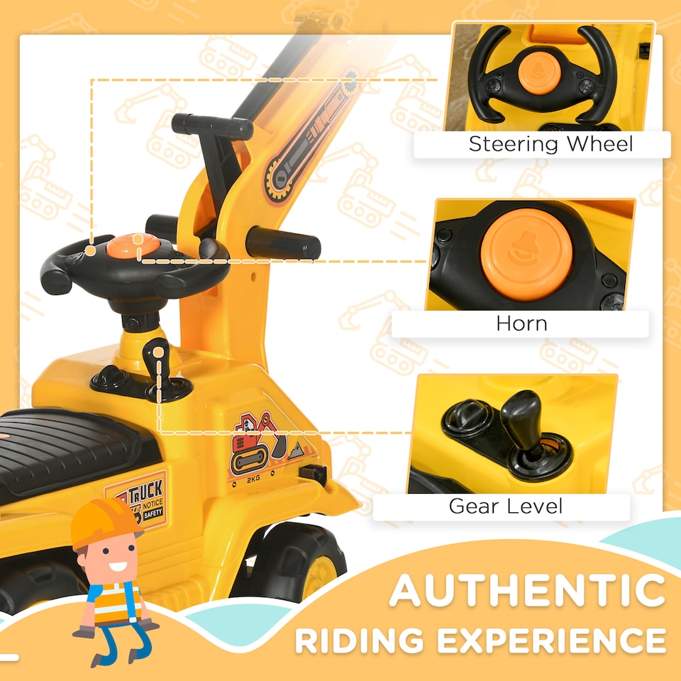 image 1 of HOMCOM Ride On Tractor, 2 in 1 Kids Ride On Digger Pull Cart with Bucket, Under Seat Storage, Horn, High Backrest, Ride On Toy for 1.5-4 Years, Yellow