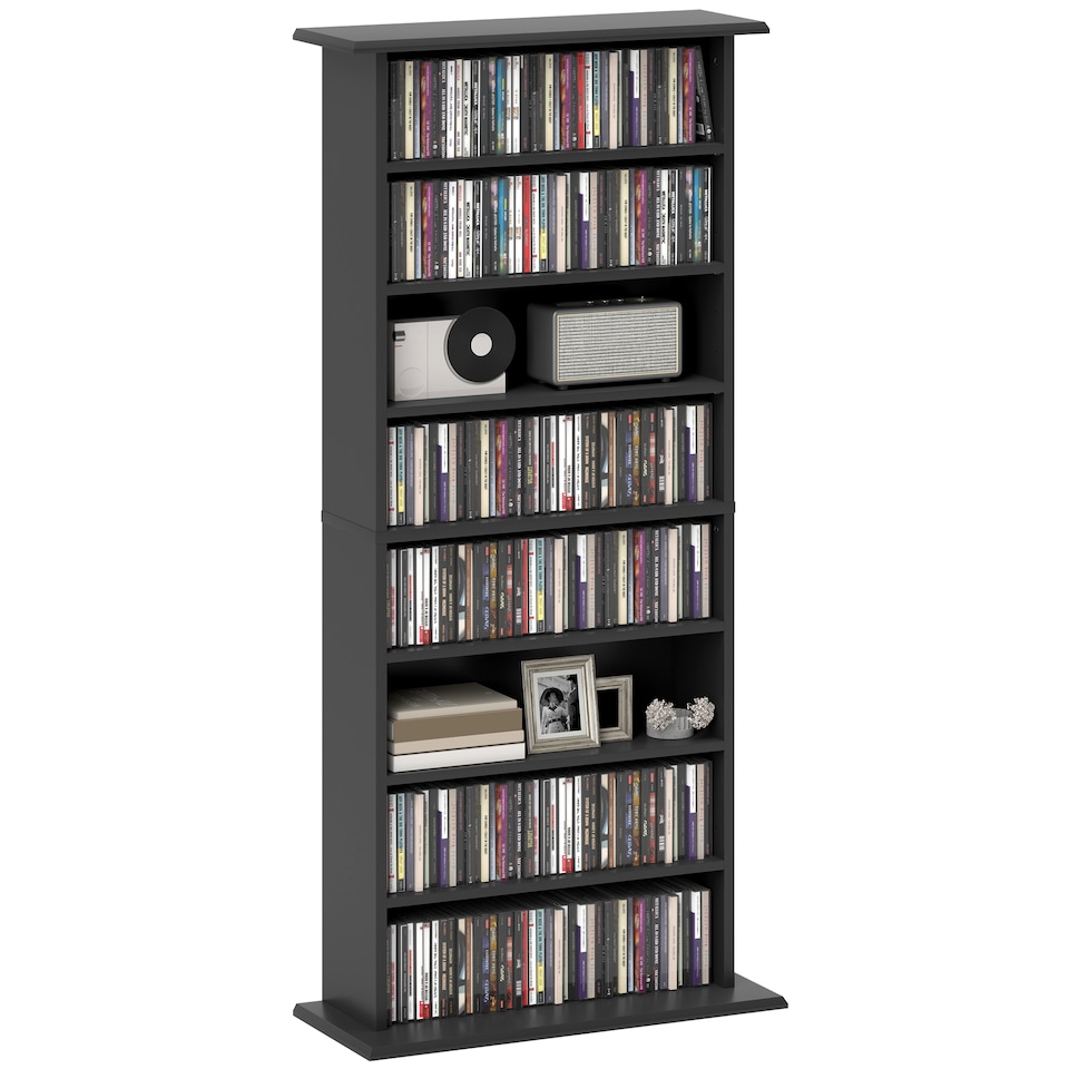 image 1 of HOMCOM 360 CD185 DVD Storage Unit, 185 Blu-ray Media Storage Shelf with 8 Compartments and 6 Adjustable Shelves, CD Tower for Living Room, Bedroom, Office, Black | Black