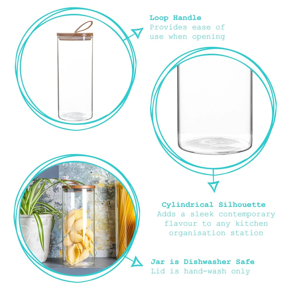 image 1 of Argon Tableware Glass Storage Jars with Wooden Lids - Leather Loop - 1.5 Litre - Pack of 6