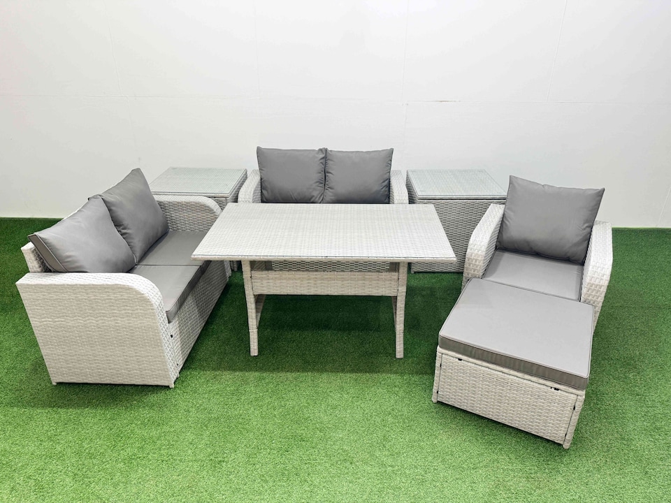 image 1 of Fimous High Back Poly Rattan Garden Furniture Set with Reclining Chair Loveseat Sofa Rectangular Dining Table Indoor Outdoor Patio  Set Big Stool 2 Side Table Light Grey