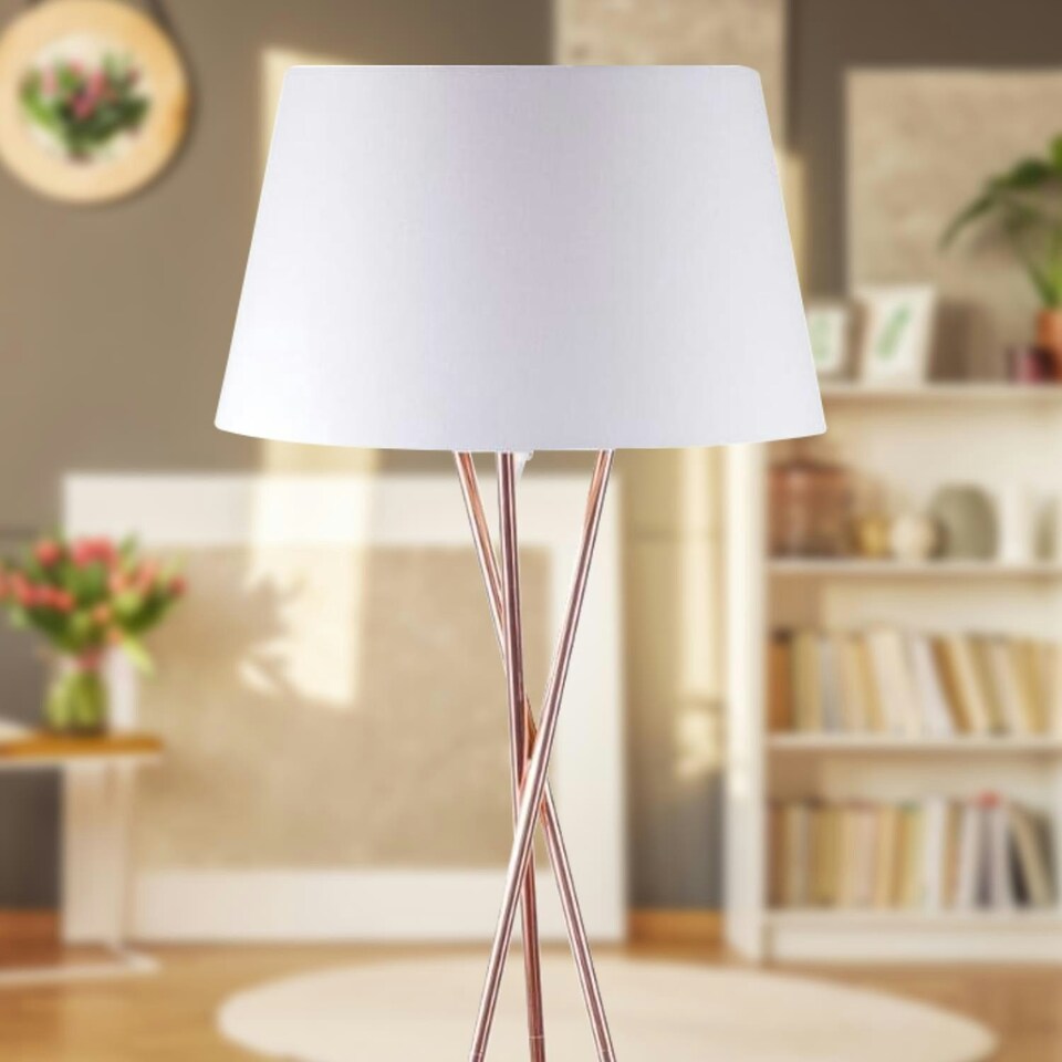 image 1 of First Choice Lighting Pair Copper Tripod Floor Lamp with White Fabric Shade Copper | White
