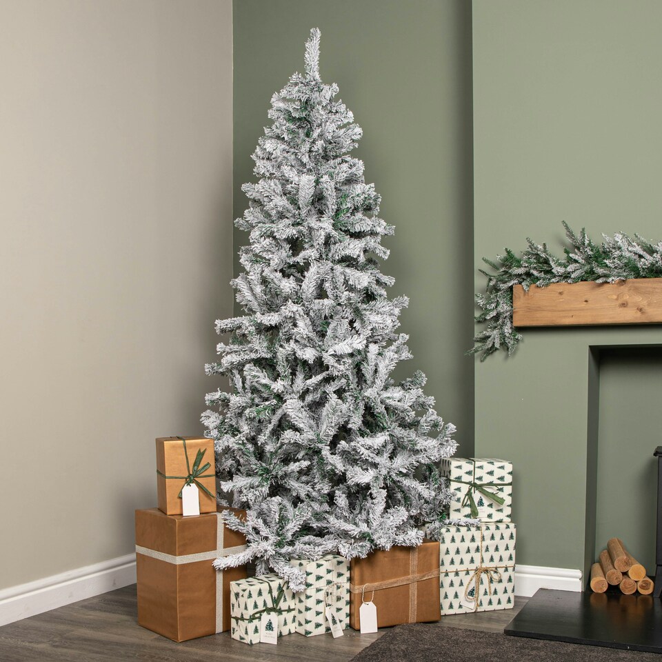 image 1 of 7ft (2.1m) Snow Flocked Artificial Christmas Tree with Green Metal Stand and 655 Tips