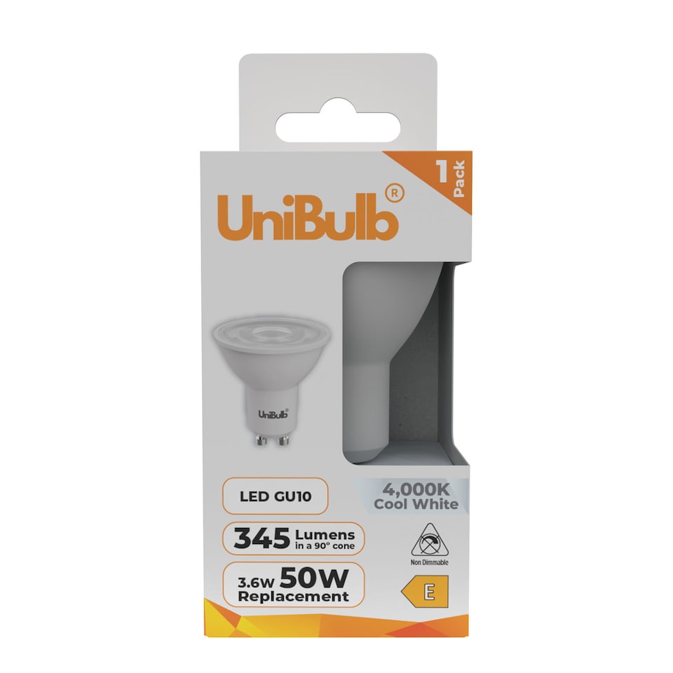 image 1 of UniBulb LED GU10 345lm 3.6W 3000K (Warm White) Spotlight Downlight Light Bulb - Pack of 1 | White | Warm White | 1