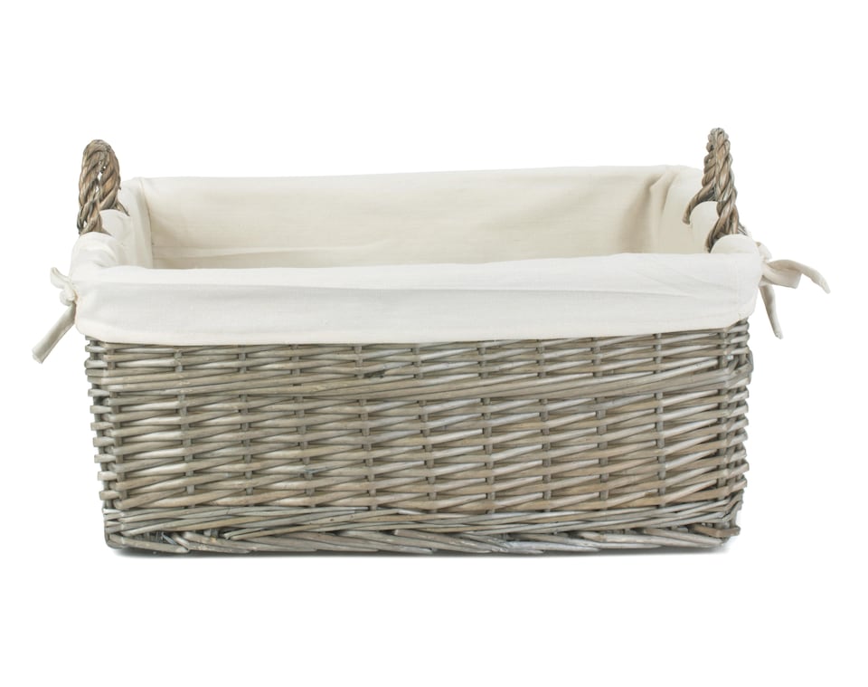 image 1 of Medium Shallow Antique Wash Lined Storage Wicker Basket | White | White