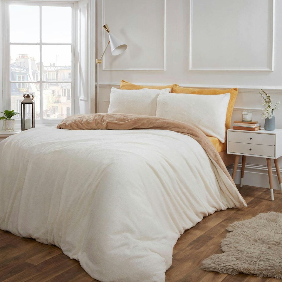 image 1 of OHS Reversible Soft Teddy Fleece Duvet Cover and Pillowcase Bedding Set, Single - Cream/Latte