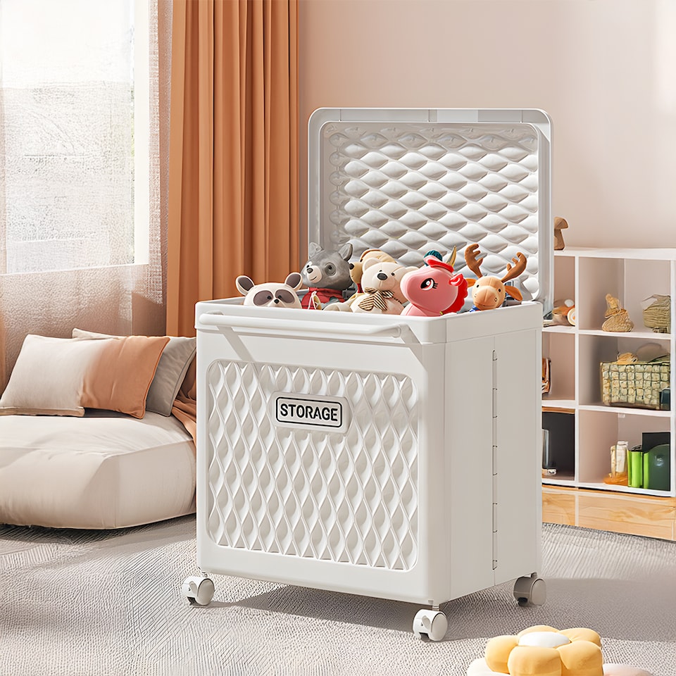 image 1 of Living and Home Foldable Laundry Basket with Casters,Multifunctional Storage Bsket- White, M | White | M