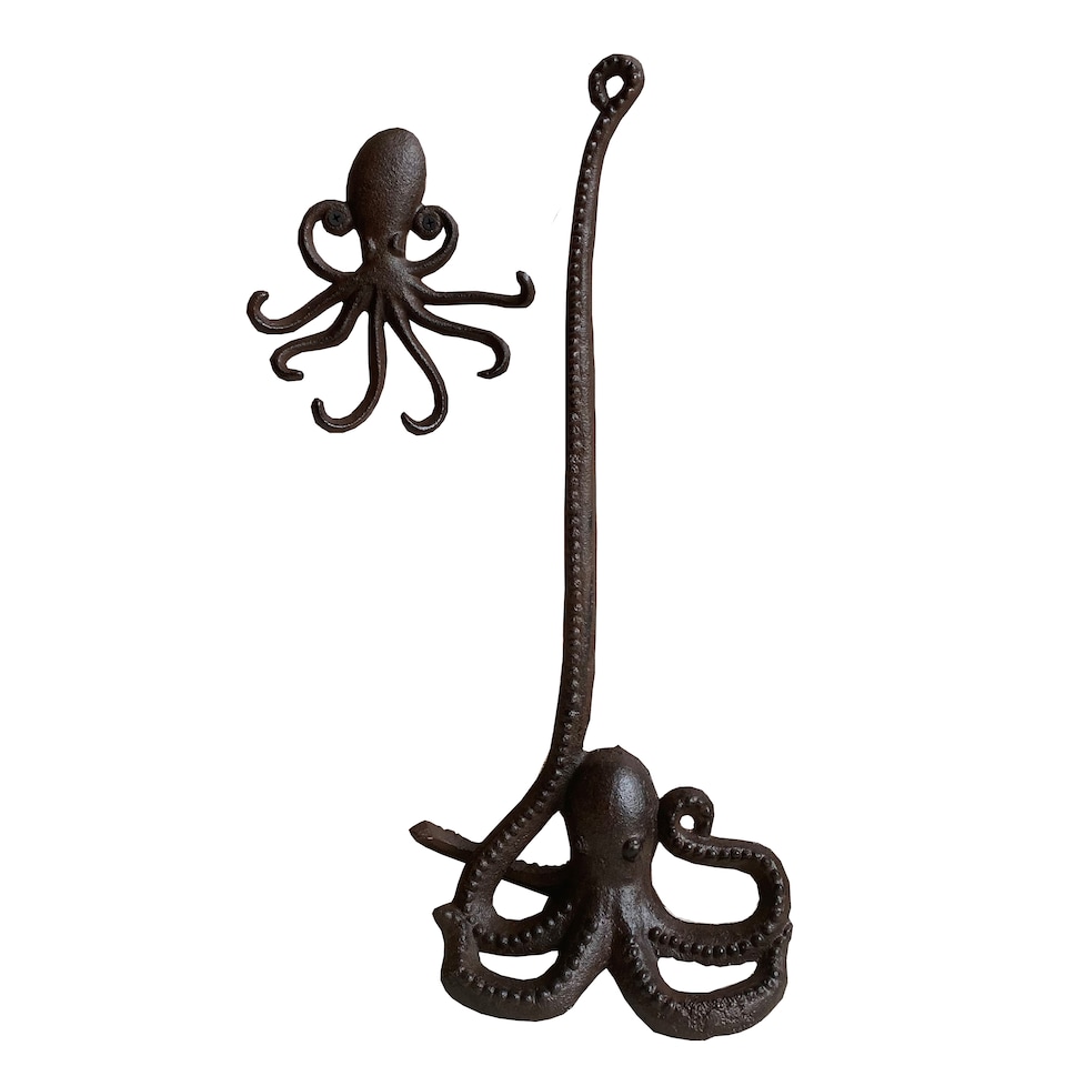 image 1 of Cast Iron Octopus Shaped Loo Roll Holder and Wall Hook Rack