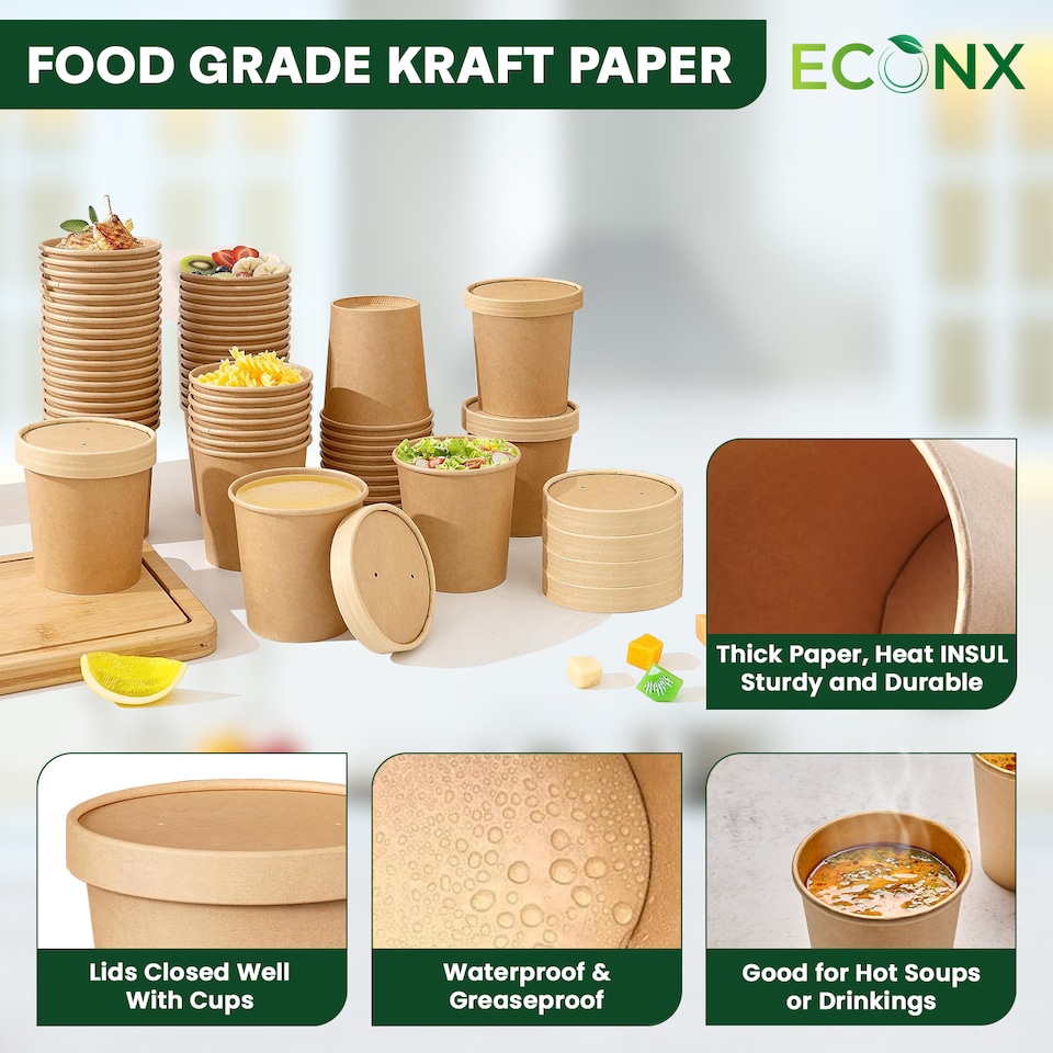 image 1 of ECONX 32oz Kraft Disposable Paper Soup Cups Food Containers with Lids Takeaway Tubs 25pc