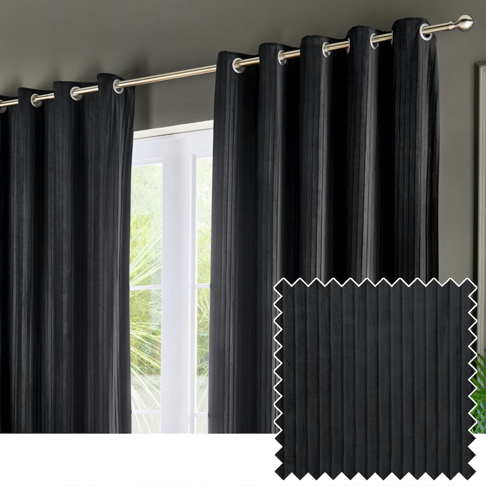 image 1 of Paoletti Corinthian Velvet Room Darkening Black Eyelet Curtains (W)168cm x 183 cm | Multi