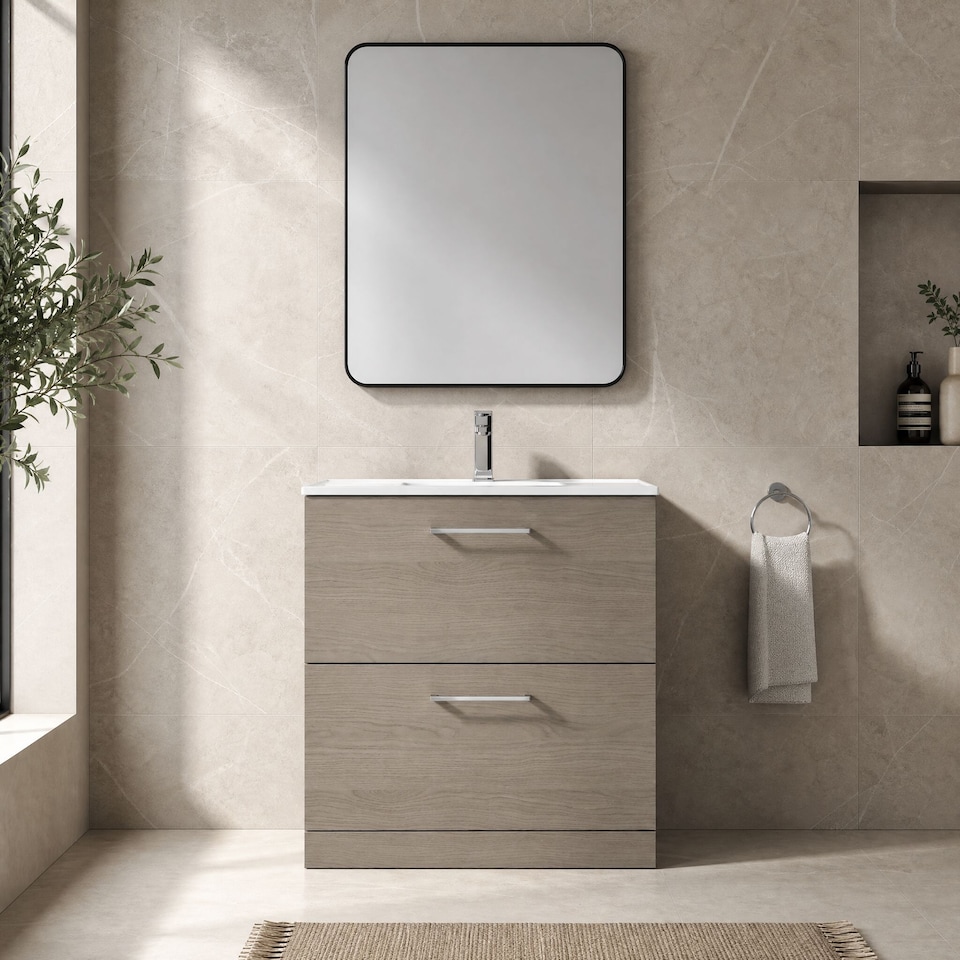image 1 of Balterley Contemporary Bathroom 2 Soft Close Drawer & Minimalist Floor Standing Vanity Unit Basin | Brown | Solace Oak | 815 x 800 x 390mm