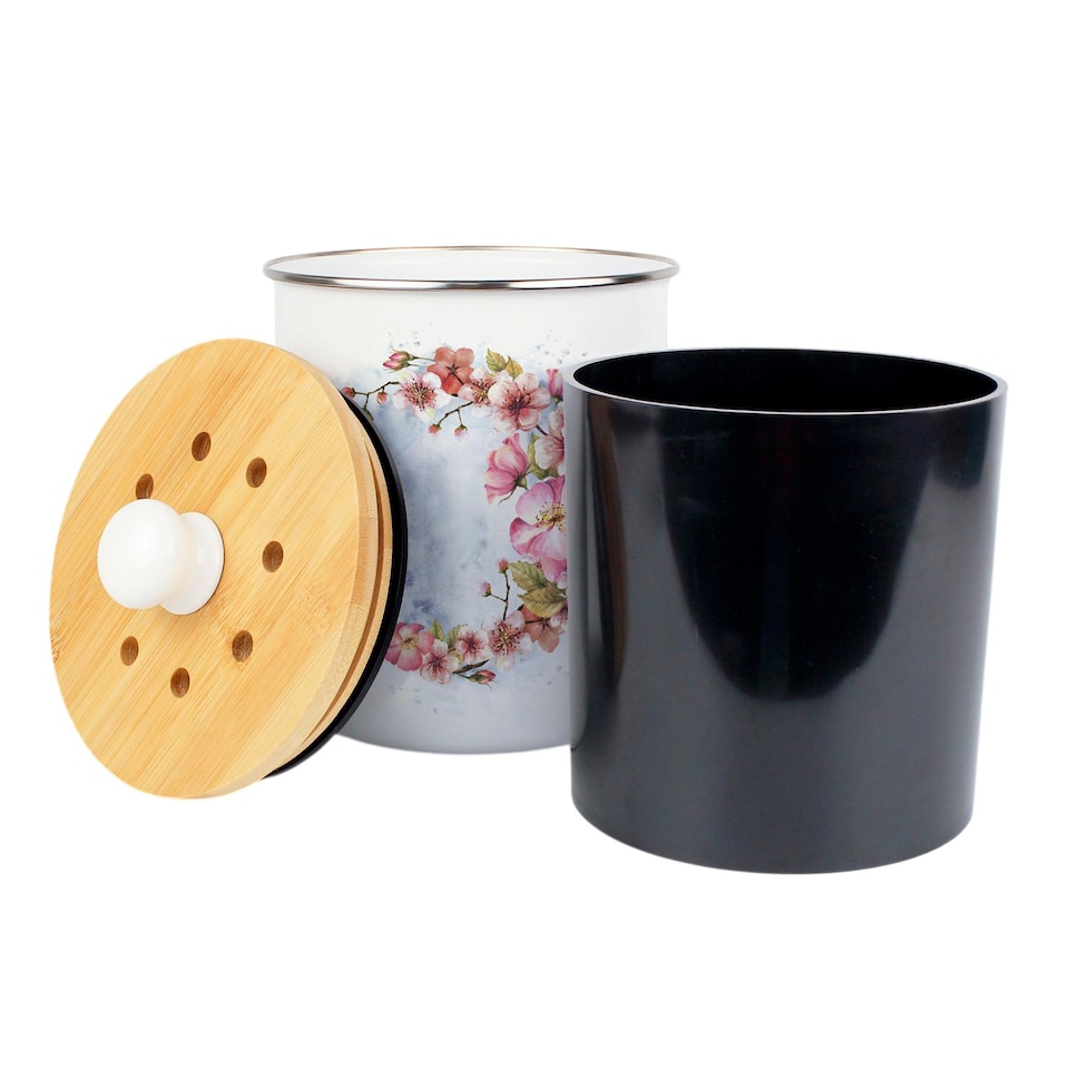 image 1 of Floral Blossoms Food Waste Caddy - Metal 2L Decorative Kitchen Compost Bin