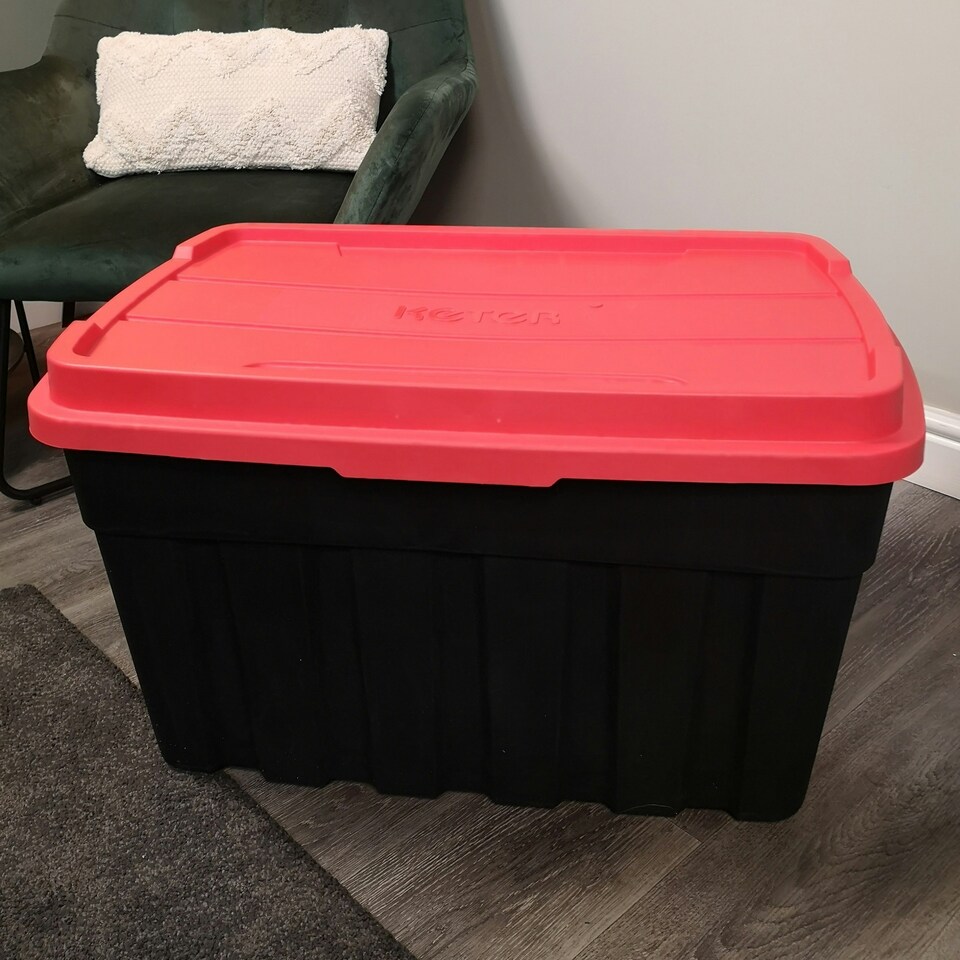 image 1 of 140L Black and Red Tuff Stackable Storage Box with Lid and Carry Handles Black
