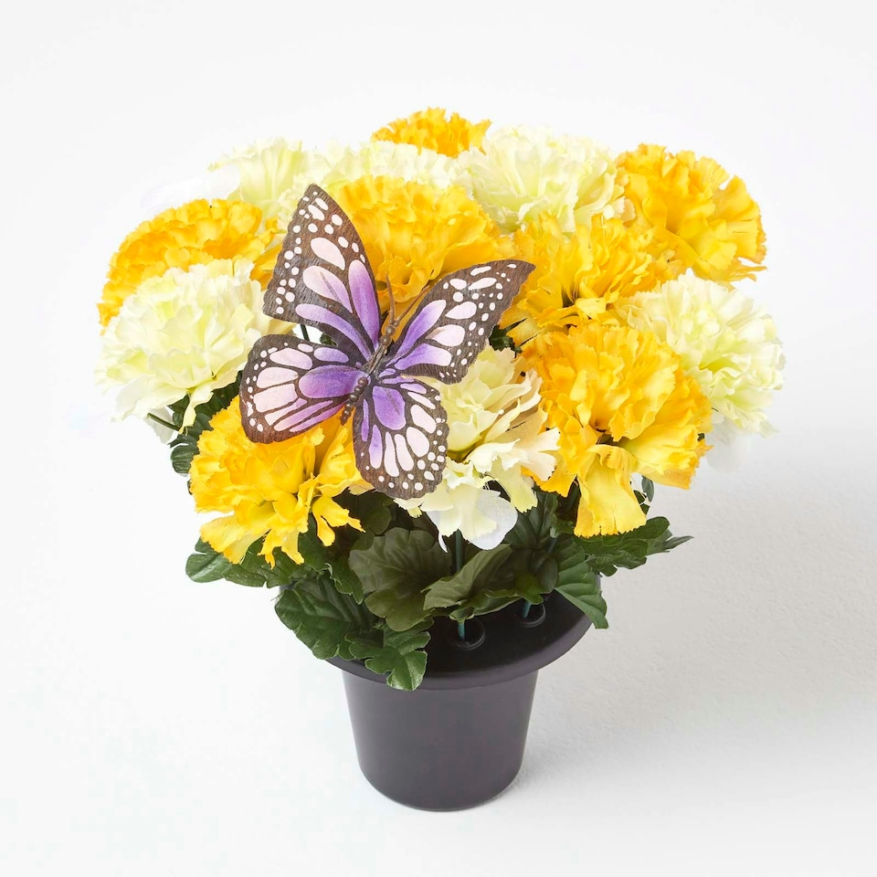 image 1 of Homescapes Set of 2 Yellow & Pink Carnation Artificial Flowers with Butterfly Decoration in Grave Vases