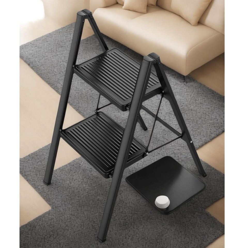 image 1 of Gr8 Home 2 Step Ladder Black Folding Stool Non Slip Heavy Duty Carbon Steel Lightweight